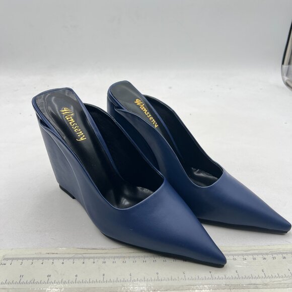 Wansseny Navy Chic Pointed Toe Wedge High Heel Mules Slip On Ladies Dressy Shoes - Picture 3 of 9
